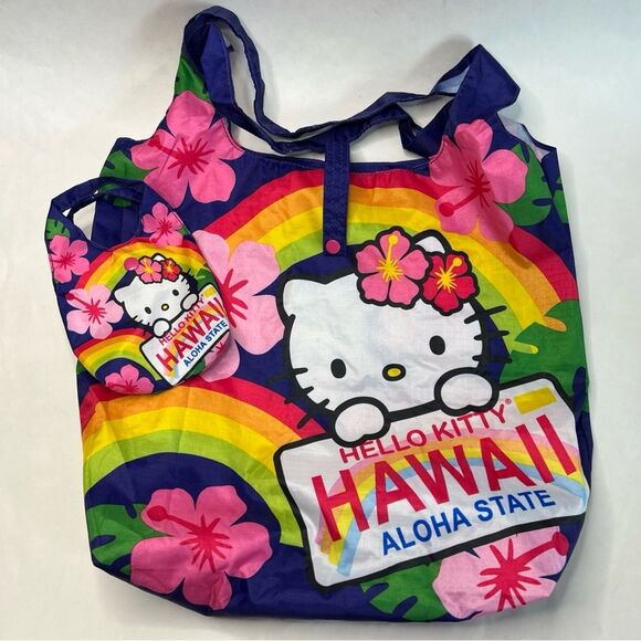 Hello Kitty HAWAII Exclusive Foldable Totes: Aloha License Floral Rainbow - Picture 1 of 5